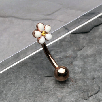 Detail View 1 of Rose Gold Adorable Plumeria Flower Curved Barbell Ring-White/Yellow